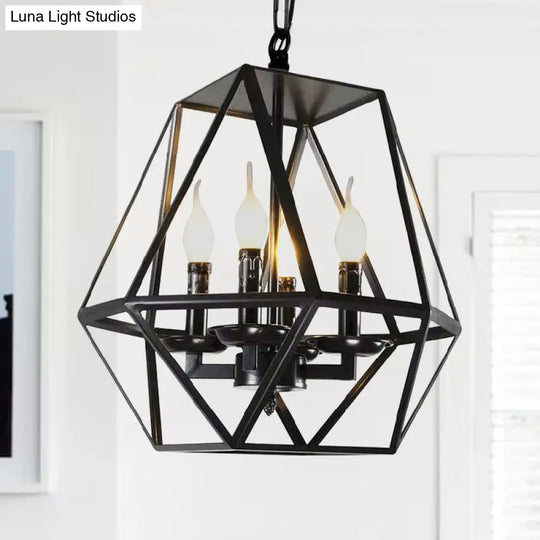 Black Industrial Metal Ceiling Light Fixture With Adjustable Chain - Retro Geometric Cage