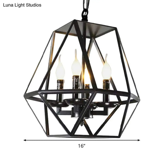 Black Retro Industrial Geometric Cage Chandelier With Adjustable Chain - 4 Heads Ceiling Light