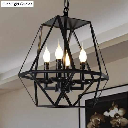 Black Retro Industrial Geometric Cage Chandelier With Adjustable Chain - 4 Heads Ceiling Light