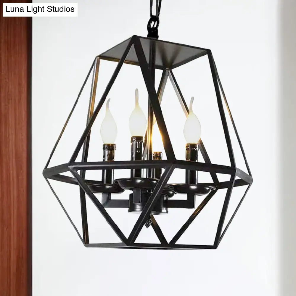 Black Retro Industrial Geometric Cage Chandelier With Adjustable Chain - 4 Heads Ceiling Light