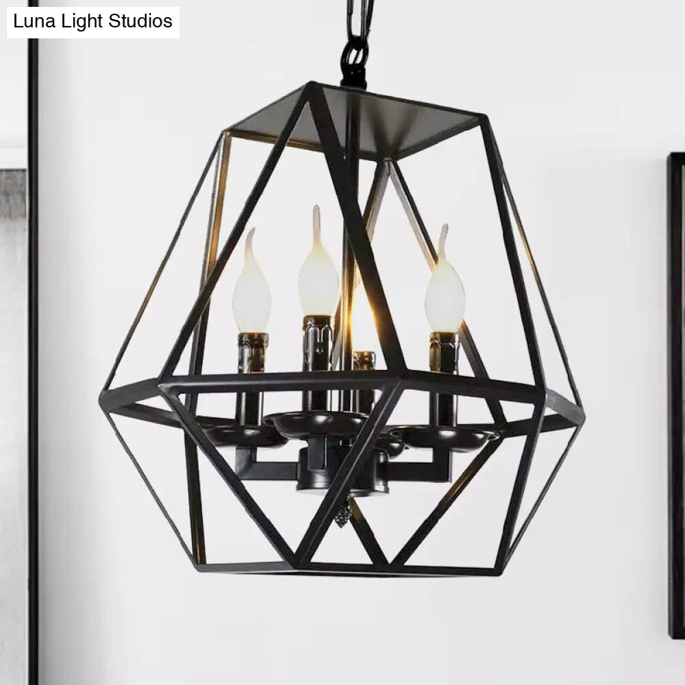 Black Industrial Metal Ceiling Light Fixture With Adjustable Chain - Retro Geometric Cage