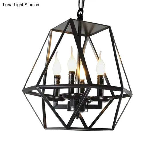 Black Retro Industrial Geometric Cage Chandelier With Adjustable Chain - 4 Heads Ceiling Light