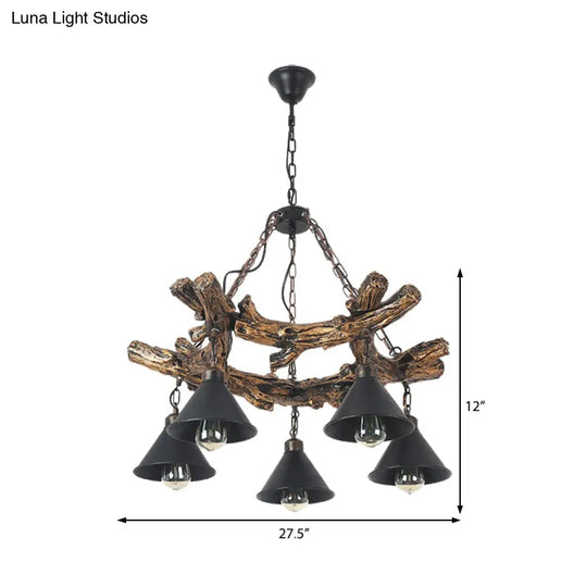 Industrial Black Cone Chandelier: Metal Dining Room Hanging Light With Resin Shelf Available In