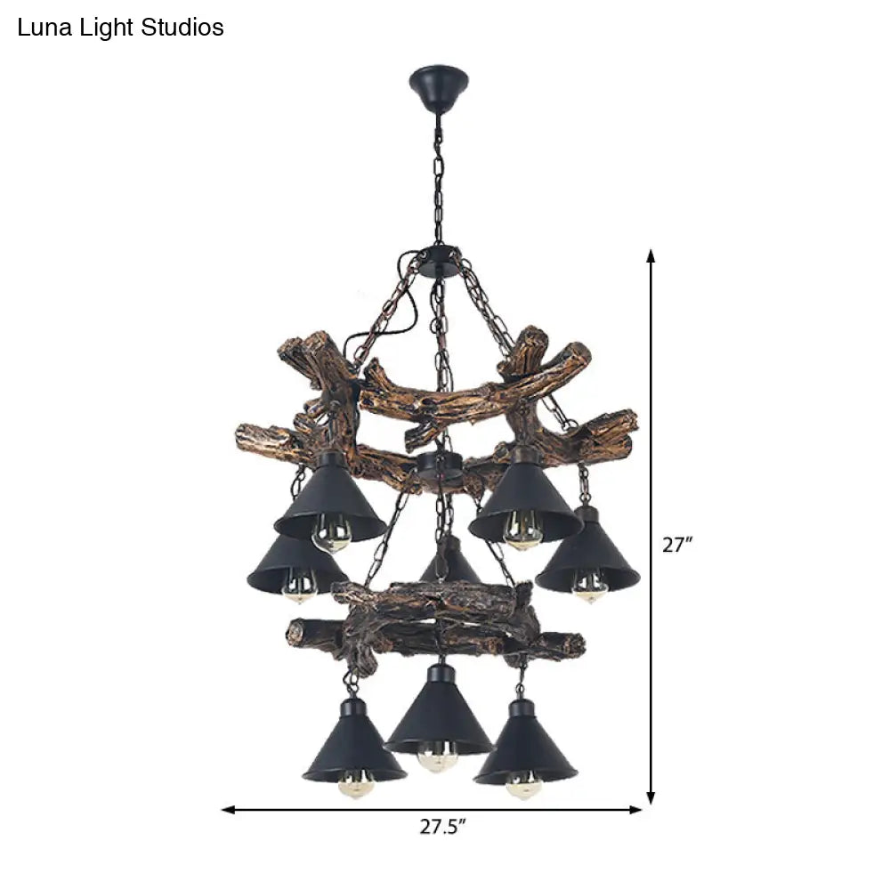 Industrial Black Cone Chandelier: Metal Dining Room Hanging Light With Resin Shelf Available In