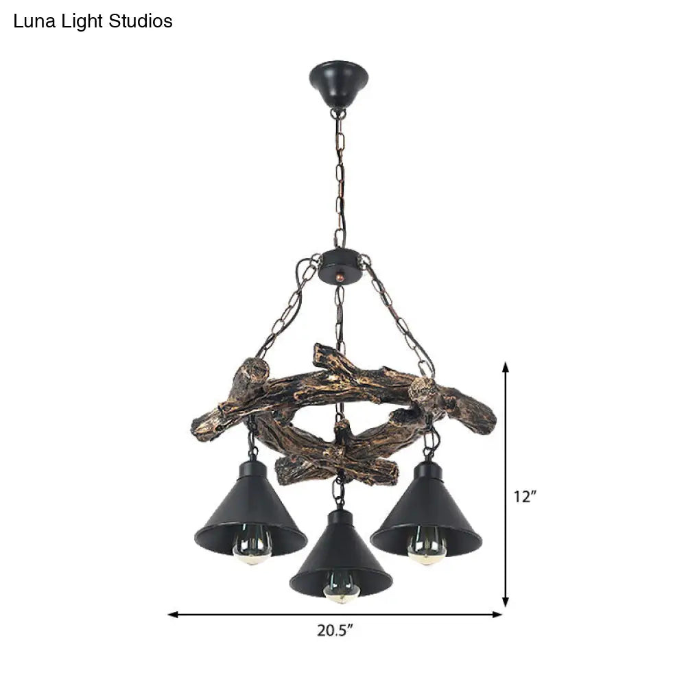 Industrial Black Cone Chandelier: Metal Dining Room Hanging Light With Resin Shelf Available In