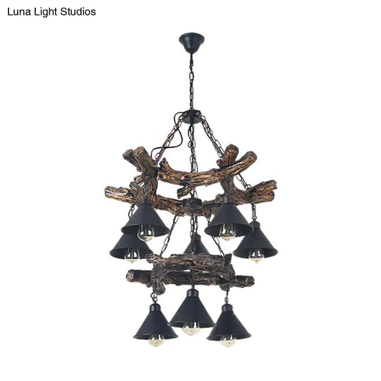 Industrial Black Cone Chandelier: Metal Dining Room Hanging Light With Resin Shelf Available In