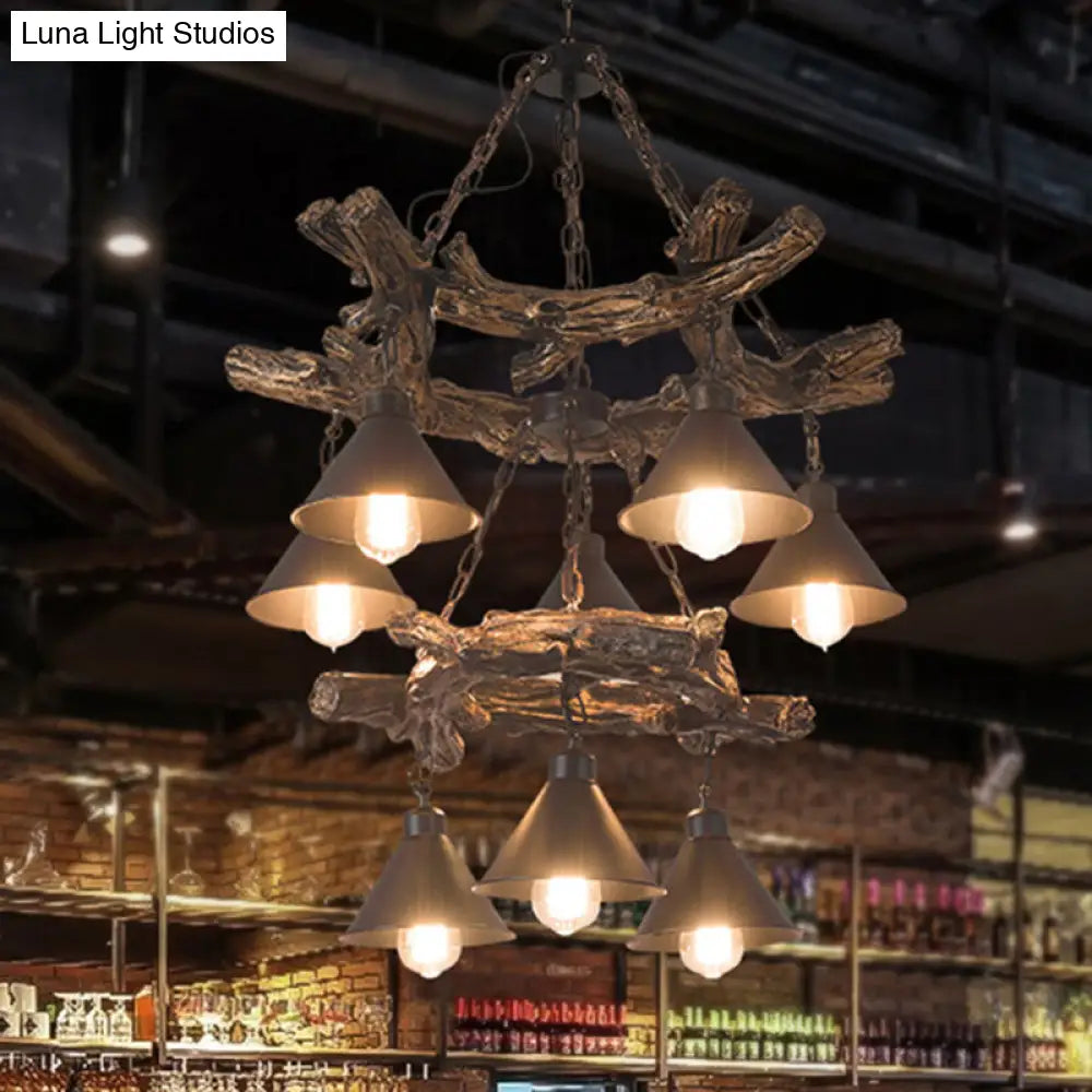 Industrial Black Cone Chandelier: Metal Dining Room Hanging Light With Resin Shelf Available In