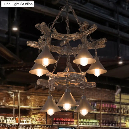 Industrial Black Cone Chandelier: Metal Dining Room Hanging Light With Resin Shelf Available In