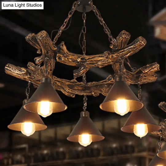 Industrial Black Cone Chandelier: Metal Dining Room Hanging Light With Resin Shelf Available In