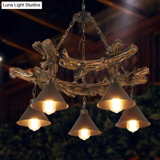 Industrial Black Cone Chandelier: Metal Dining Room Hanging Light With Resin Shelf Available In