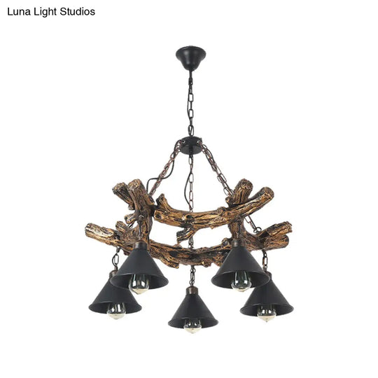 Industrial Black Cone Chandelier: Metal Dining Room Hanging Light With Resin Shelf Available In