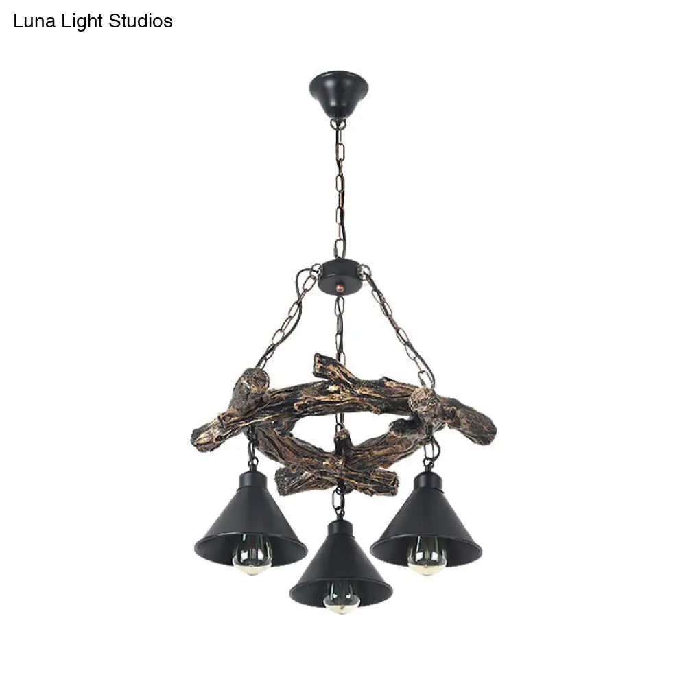 Industrial Black Cone Chandelier: Metal Dining Room Hanging Light With Resin Shelf Available In