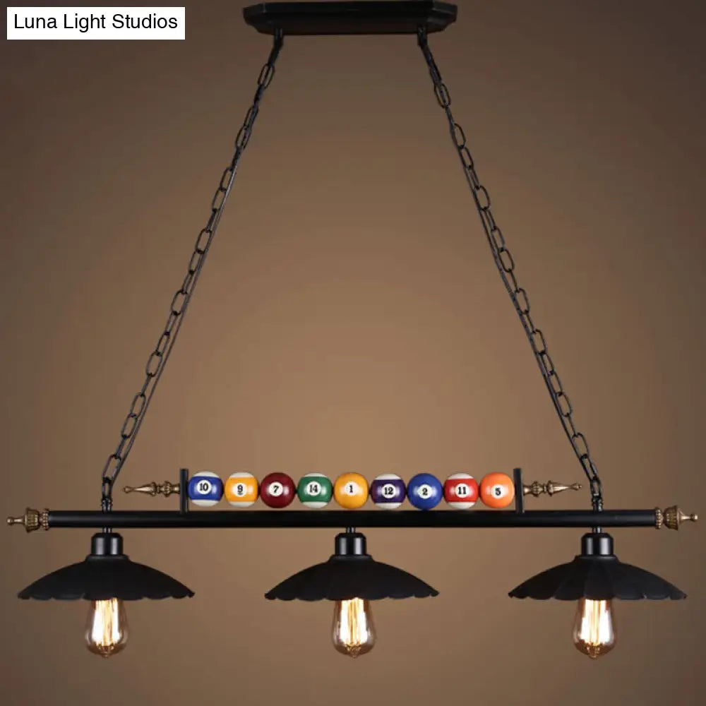 Black Industrial Metal Linear Island Light With 3-Light Suspension Shade And Billiard Balls