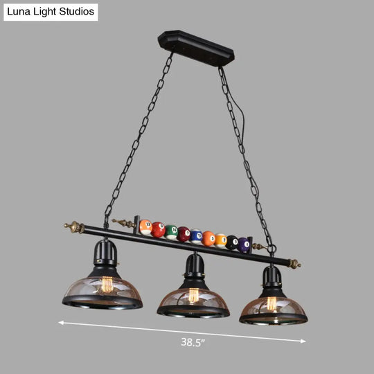 Black Industrial Metal Linear Island Light With 3-Light Suspension Shade And Billiard Balls