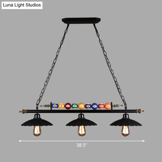 Black Industrial Metal Linear Island Light With 3-Light Suspension Shade And Billiard Balls