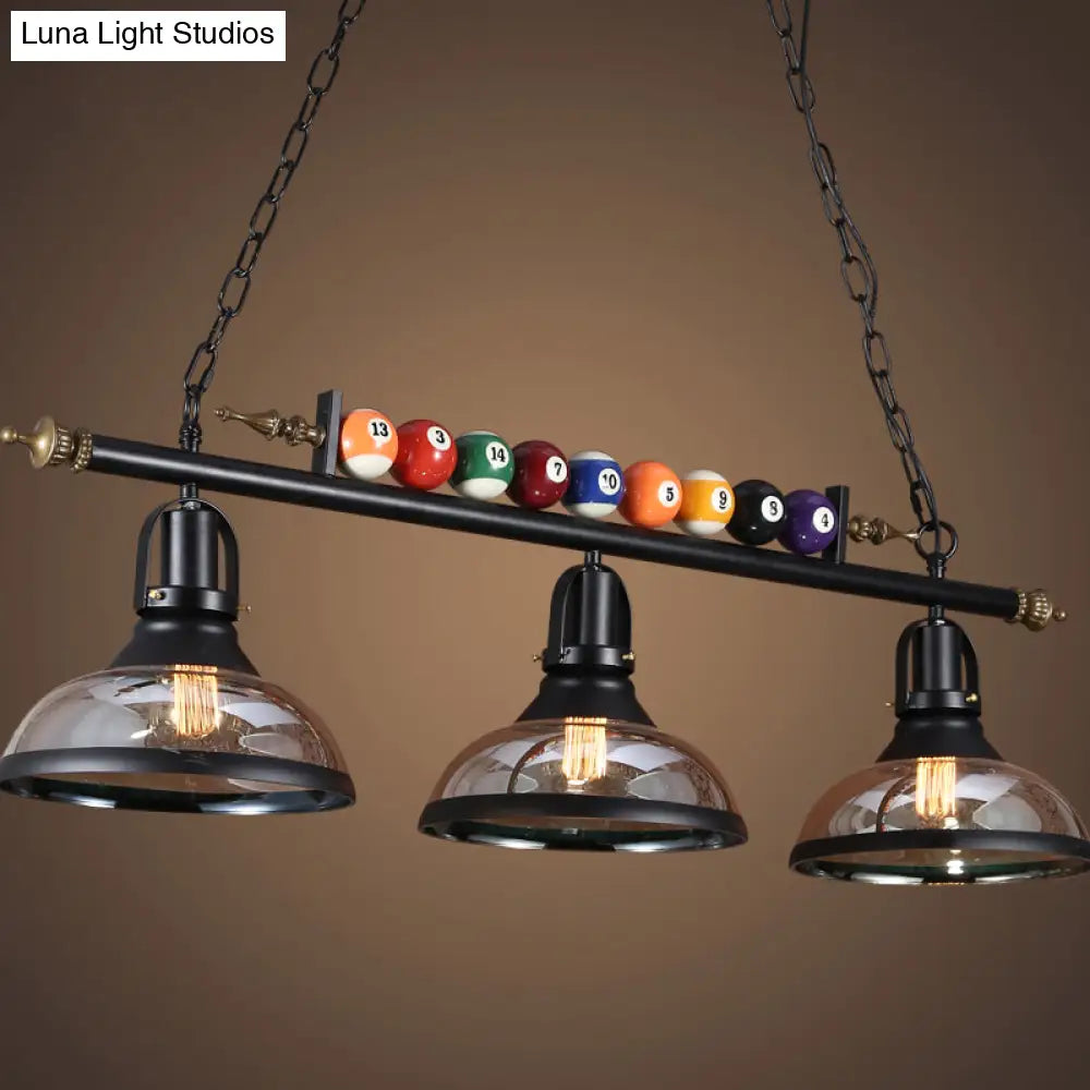 Black Industrial Metal Linear Island Light With 3-Light Suspension Shade And Billiard Balls