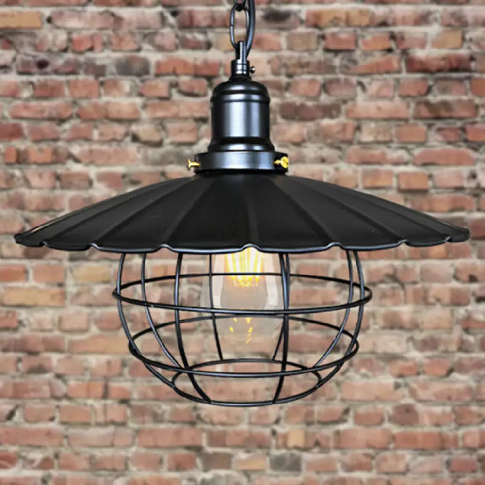 Black Industrial Metal Scalloped Pendant Light With Cage - 1-Light Hanging Lamp For Indoor