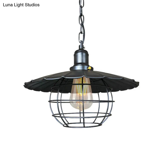 Industrial Metal Scalloped Pendant Light - Black 1-Light Hanging Lamp With Cage For Indoor Use