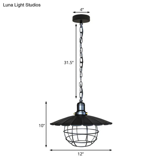 Industrial Metal Scalloped Pendant Light - Black 1-Light Hanging Lamp With Cage For Indoor Use