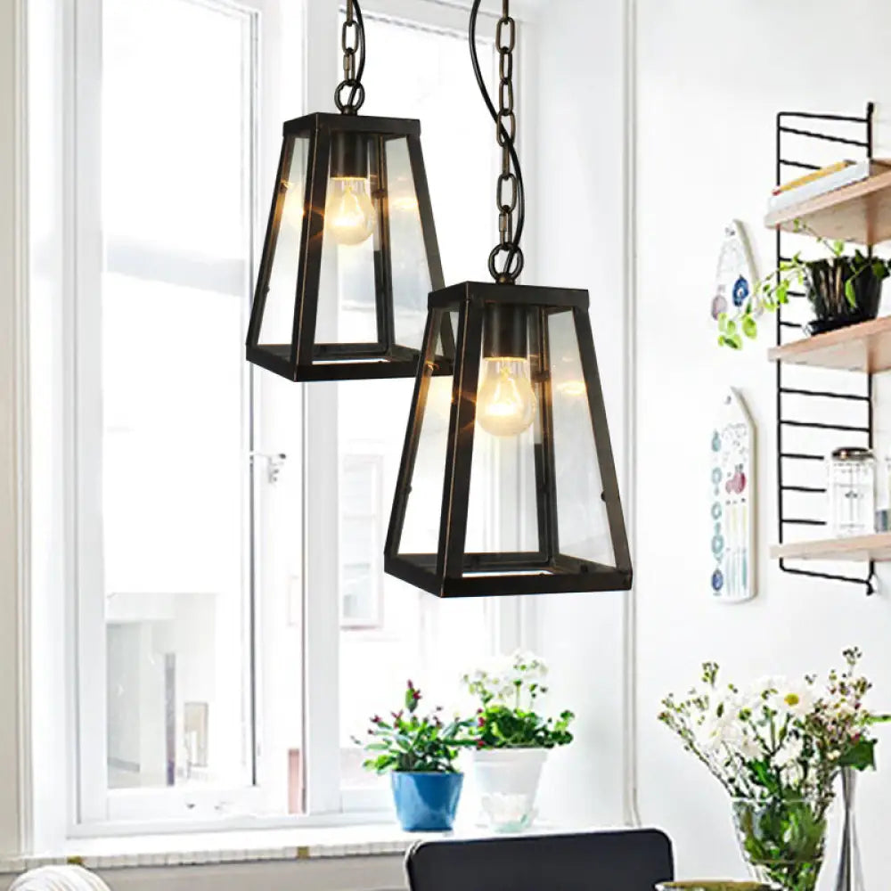Black Industrial Metal Trapezoid Pendant Ceiling Fixture With 1 Bulb For Living Room Lighting