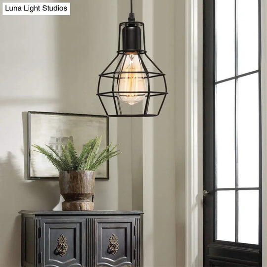 Industrial Metal Wire Globe Pendant Light - Black 1-Light Ceiling Hanging Lamp For Kitchen