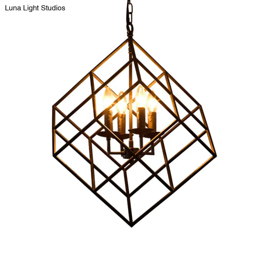 Black Industrial Square Chandelier Light - 4 Lights Metal Wire Hanging Ceiling For Restaurants