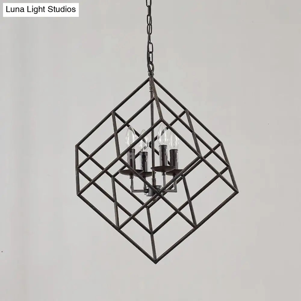 Black Industrial Metal Wire Square Chandelier Light - 4 Lights For Restaurant Ceiling