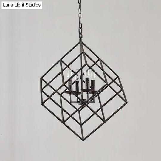 Black Industrial Square Chandelier Light - 4 Lights Metal Wire Hanging Ceiling For Restaurants