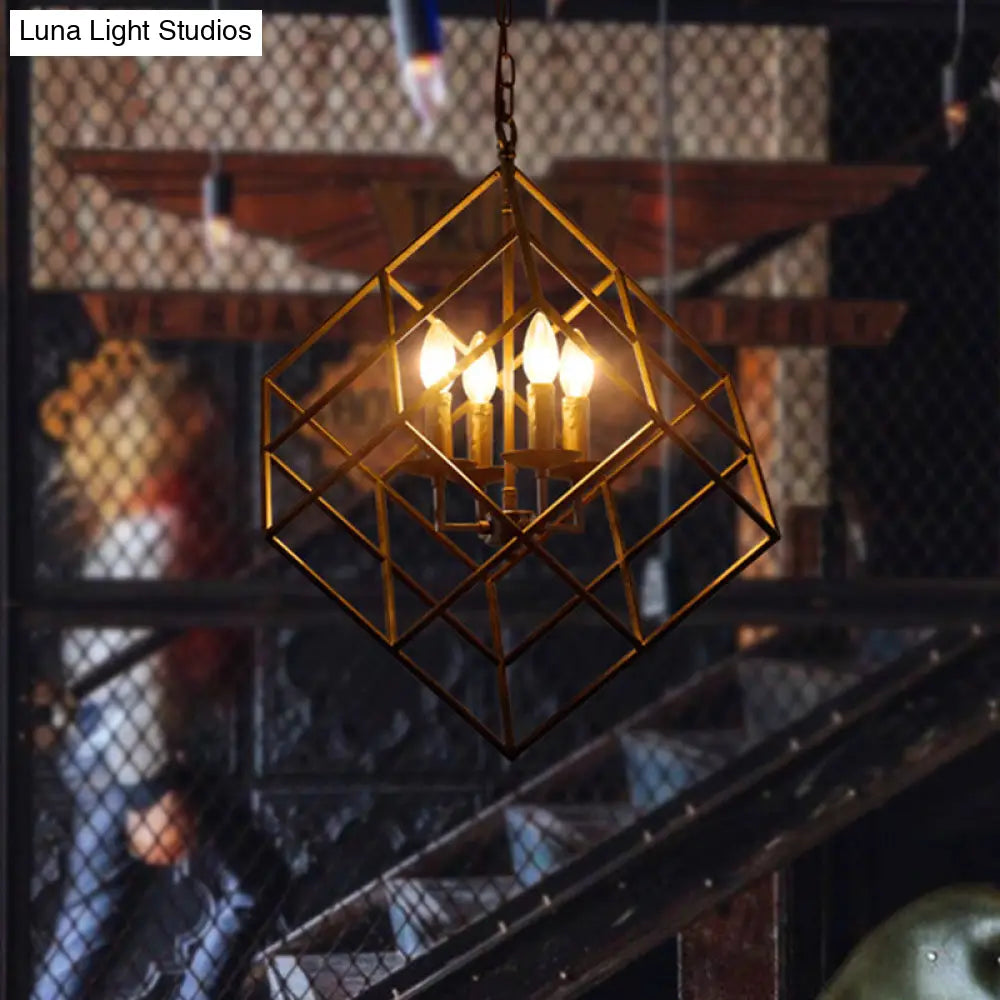 Black Industrial Square Chandelier Light - 4 Lights Metal Wire Hanging Ceiling For Restaurants