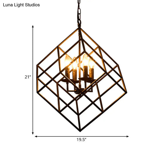 Black Industrial Square Chandelier Light - 4 Lights Metal Wire Hanging Ceiling For Restaurants