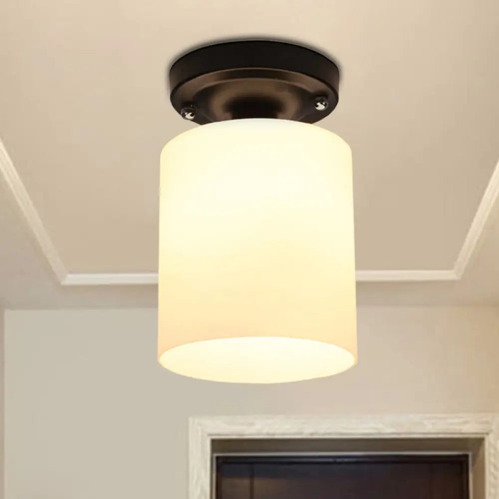 Black Industrial Milky Glass Ceiling Mount Semi Flush Light For Corridor White