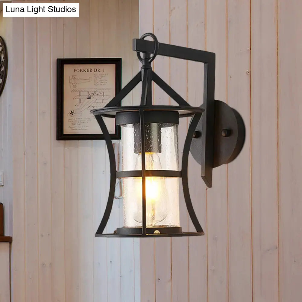 Black Industrial Sconce Light With Clear Glass Cylinder And Rectangle/Round Backplate