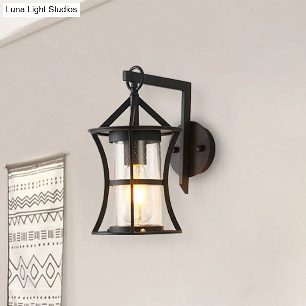 Black Industrial Sconce Light With Clear Glass Cylinder And Rectangle/Round Backplate