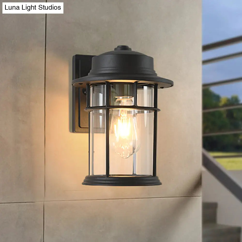 Black Industrial Sconce Light With Clear Glass Cylinder And Rectangle/Round Backplate