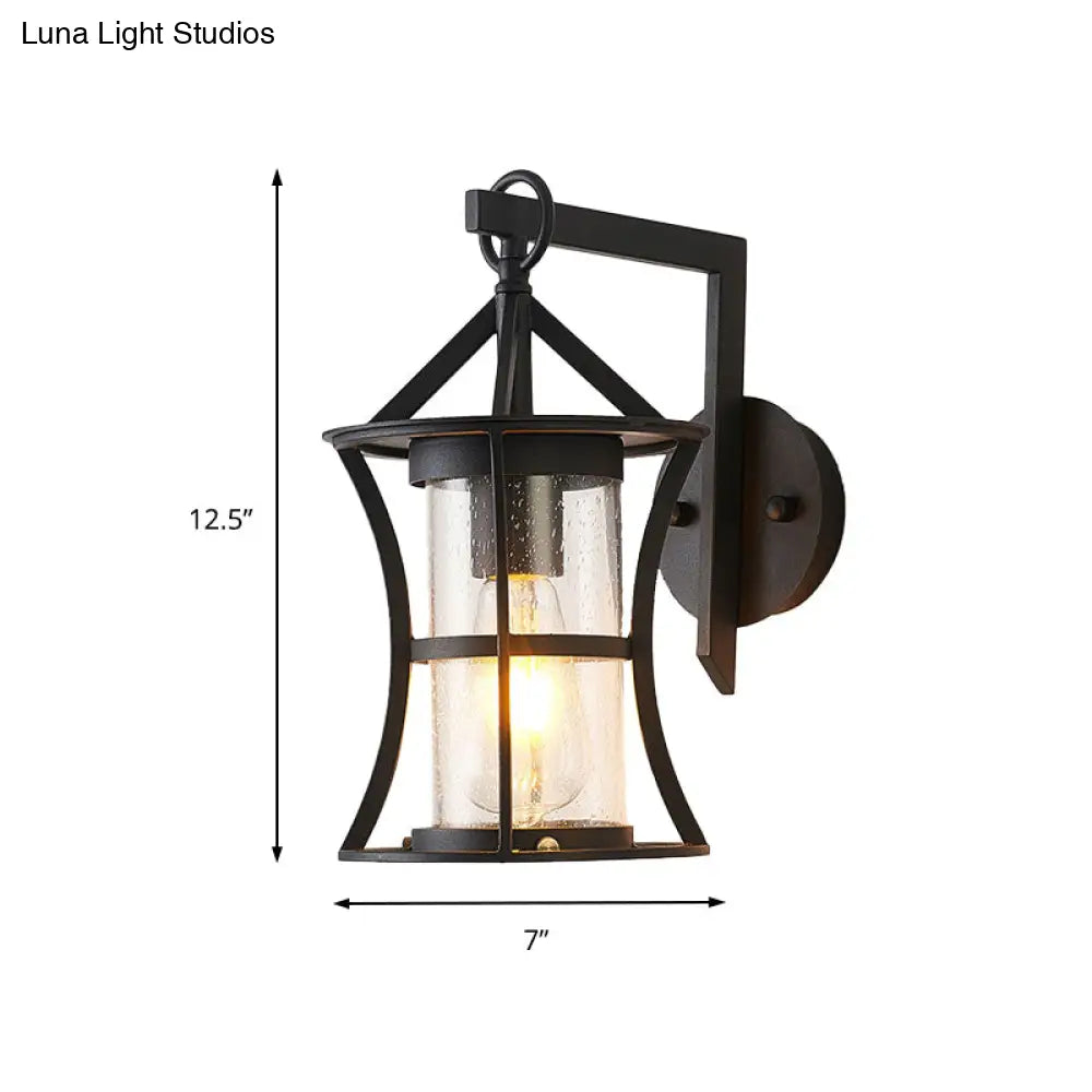 Black Industrial Sconce Light With Clear Glass Cylinder And Rectangle/Round Backplate