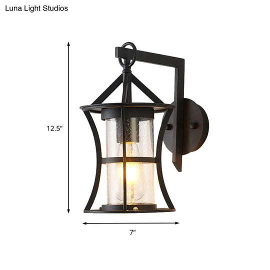 Black Industrial Sconce Light With Clear Glass Cylinder And Rectangle/Round Backplate