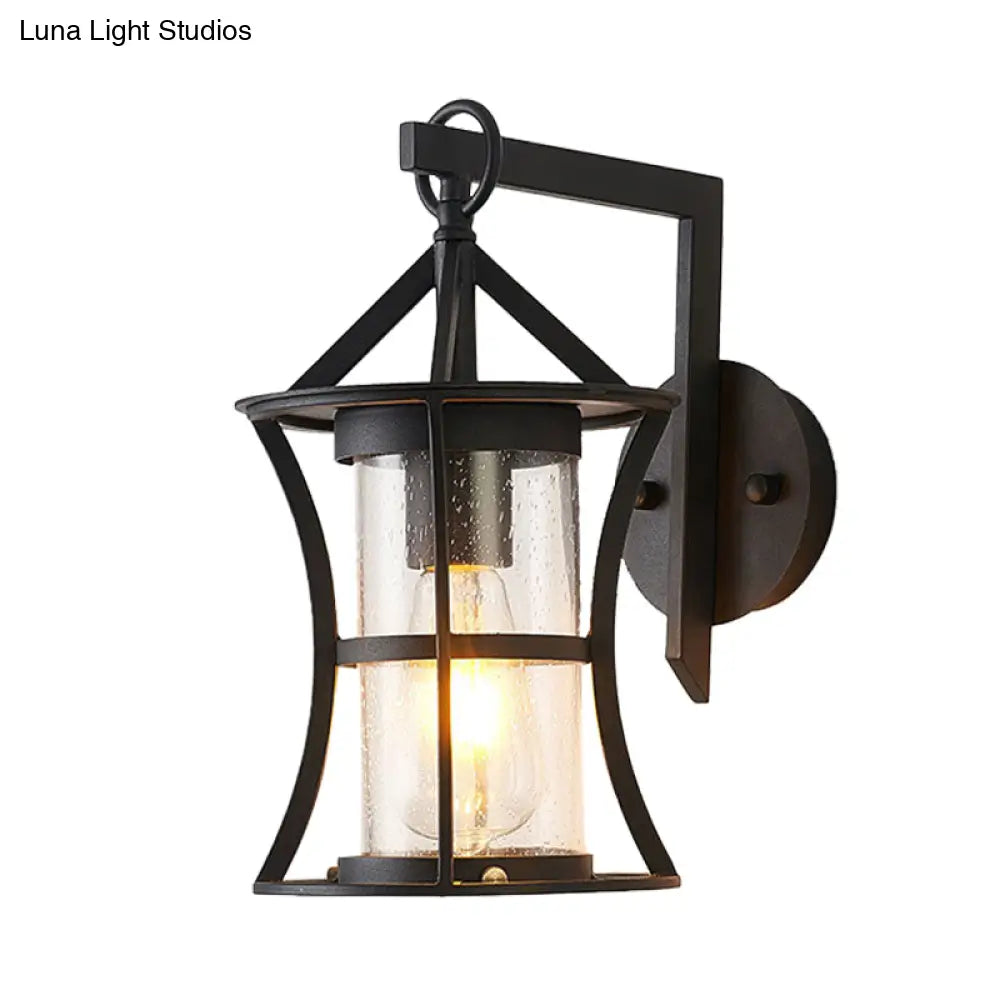 Black Industrial Sconce Light With Clear Glass Cylinder And Rectangle/Round Backplate