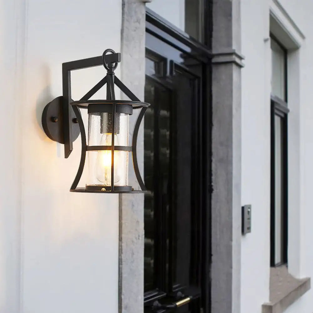 Black Industrial Sconce Light With Clear Glass Cylinder And Rectangle/Round Backplate / Round Canopy