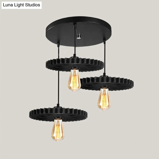 Black Industrial Style Metal Pendant Light With Open Bulb And Gear Decoration - 1 Hanging / Round