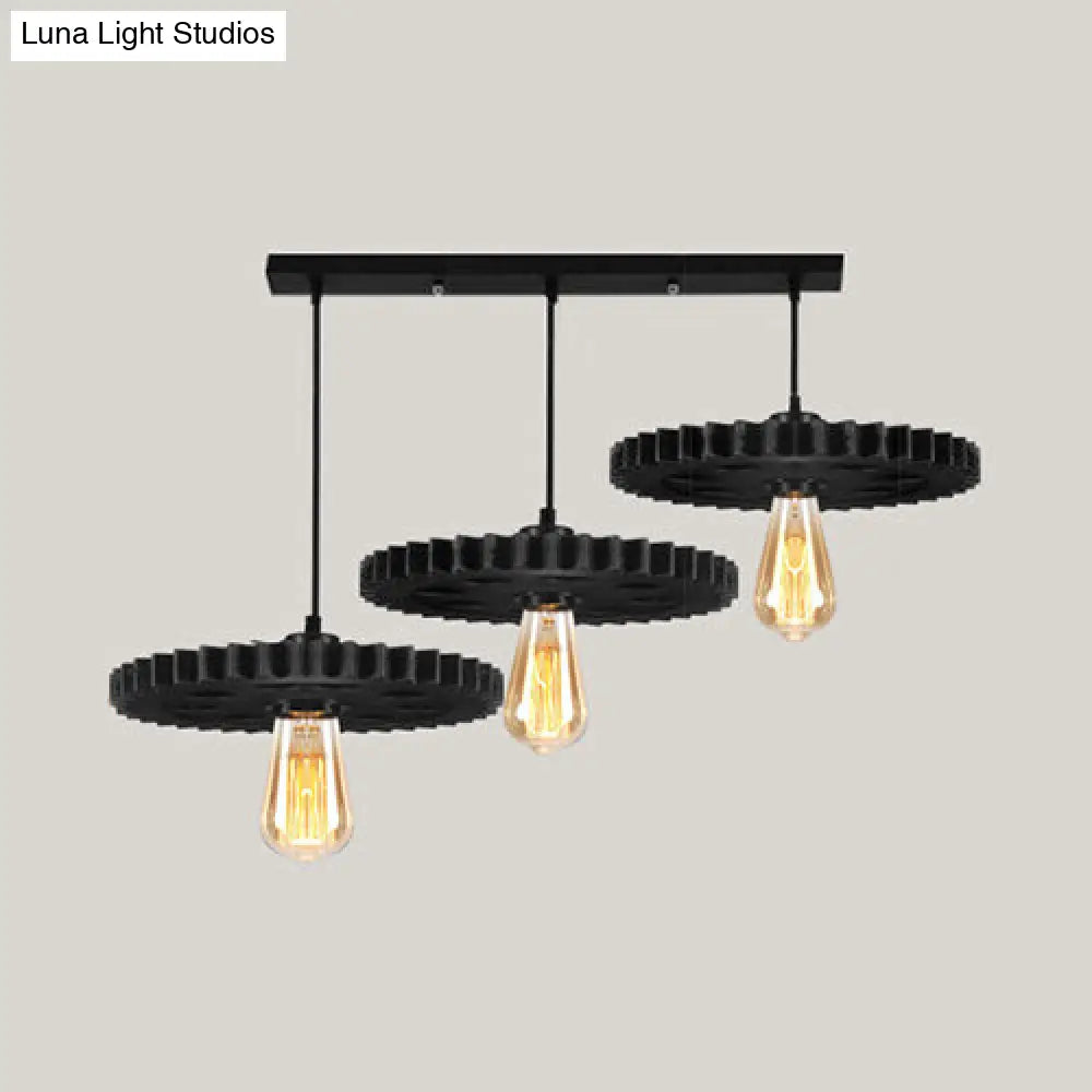 Black Industrial Style Metal Pendant Light With Open Bulb And Gear Decoration - 1 Hanging / Linear