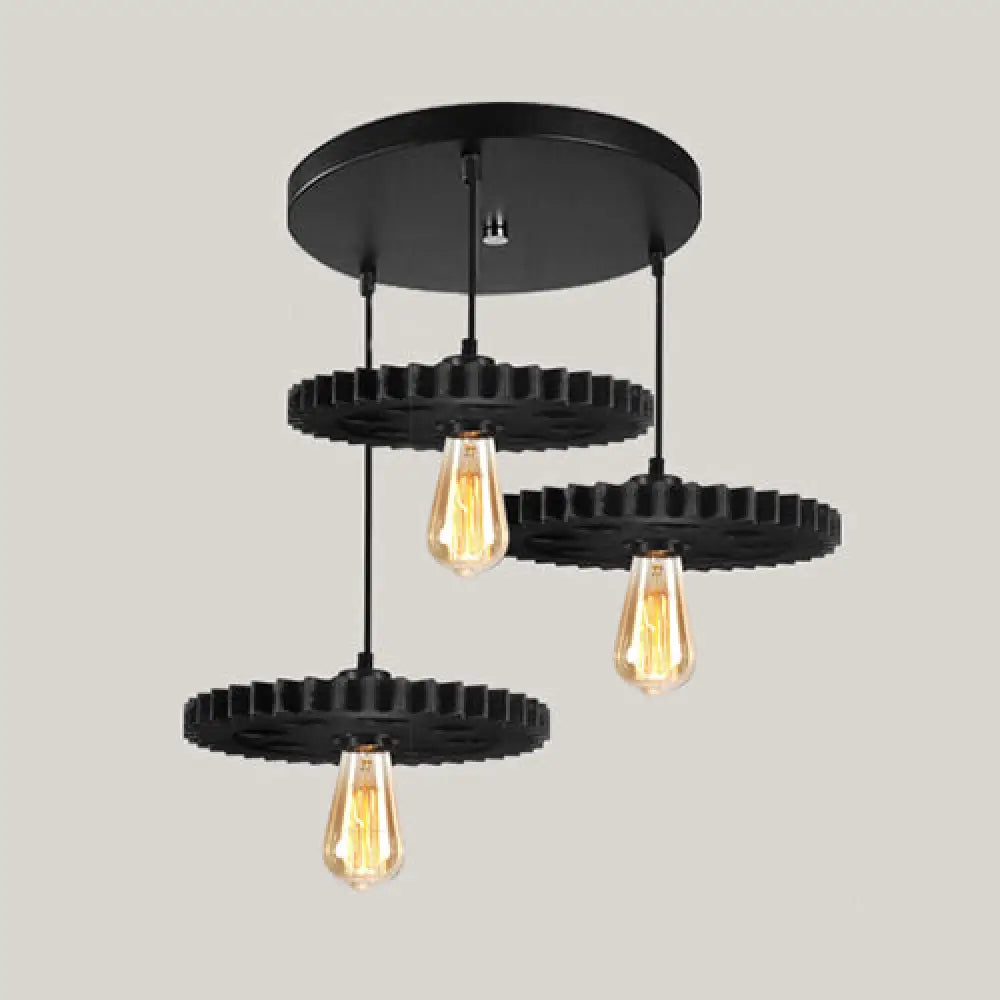 Black Industrial Style Metal Pendant Light With Open Bulb And Gear Decoration / Round
