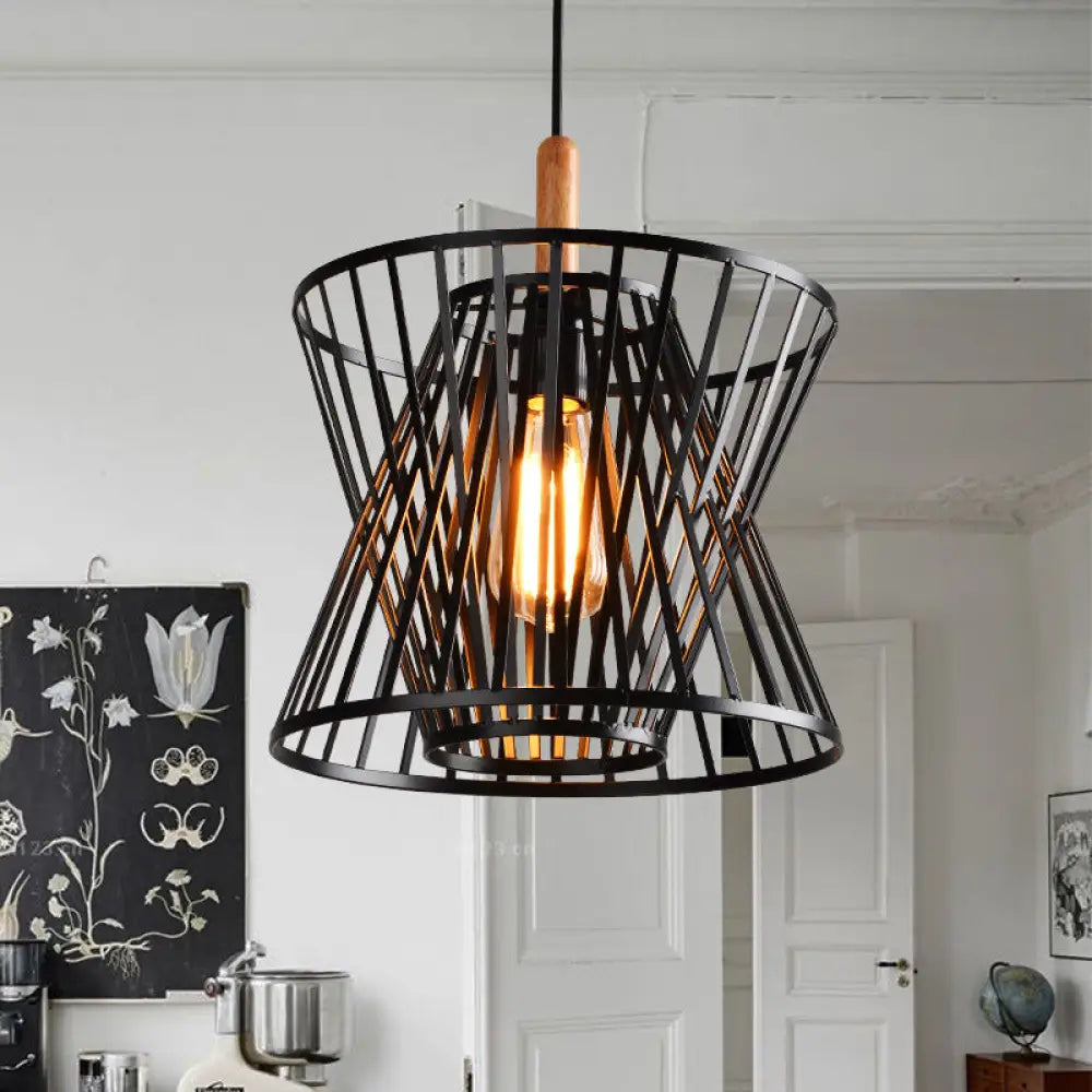 Black Industrial Style Pendant Light With Metallic Cone Cage Shade - Perfect For Tabletop