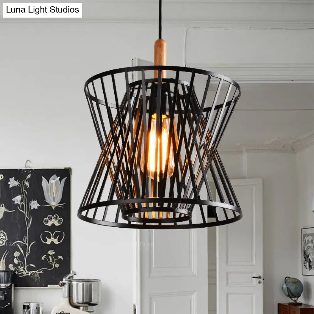 Black Industrial Style Pendant Light With Metallic Cone Cage Shade - Perfect For Table Decor