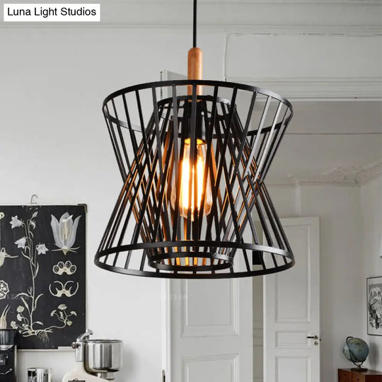 Black Industrial Style Pendant Light With Metallic Cone Cage Shade - Perfect For Table Decor