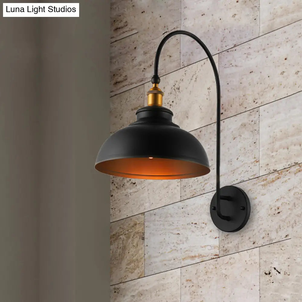 Black Industrial Style Wall Sconce With Bowl Shade & Arched Arm - Bedside Lighting Solution