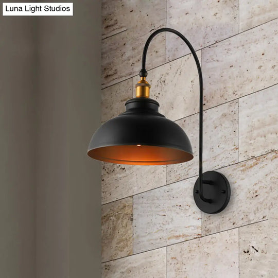 Black Industrial Style Wall Sconce With Bowl Shade & Arched Arm - Bedside Lighting Solution