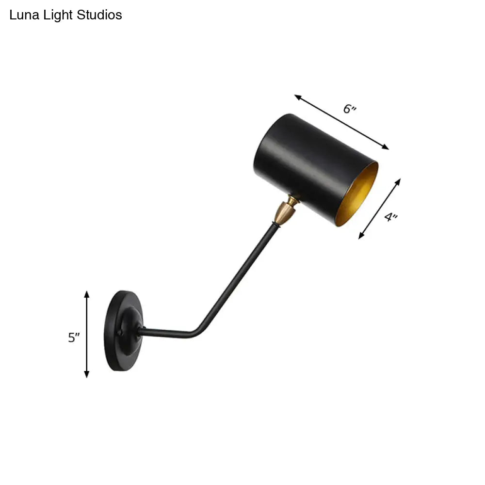 Black Industrial Wall Sconce - Metal Cylindrical Bedroom Lamp With Angled Arm