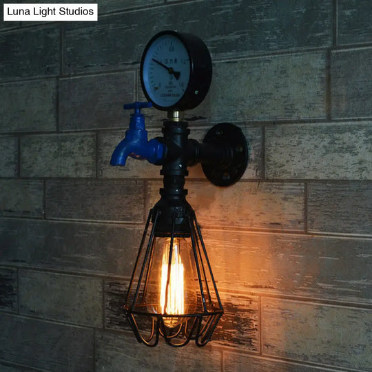 Black Industrial Water Tap Sconce Lighting With Cage And Gauge - 1 Head Metal Wall Lamp Fixture