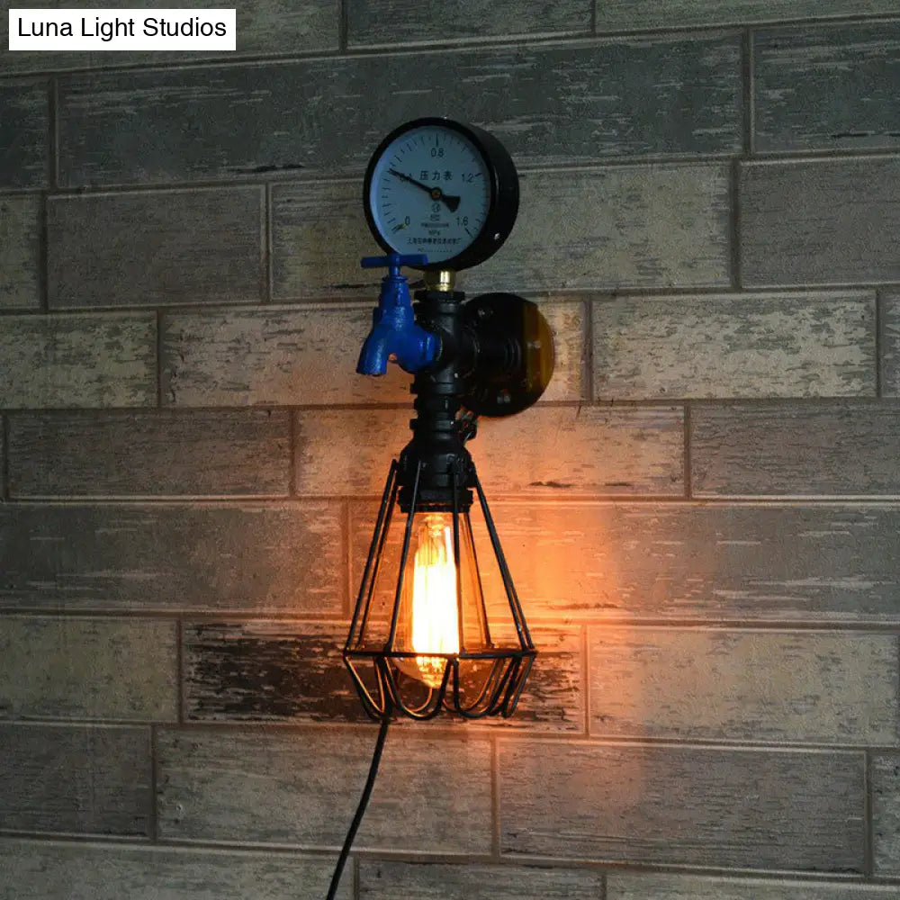 Black Industrial Water Tap Sconce Lighting With Cage And Gauge - 1 Head Metal Wall Lamp Fixture