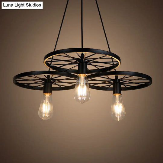 Industrial Metal Hanging Chandelier Light Fixture For Living Room - Black Wheel Design 3 /